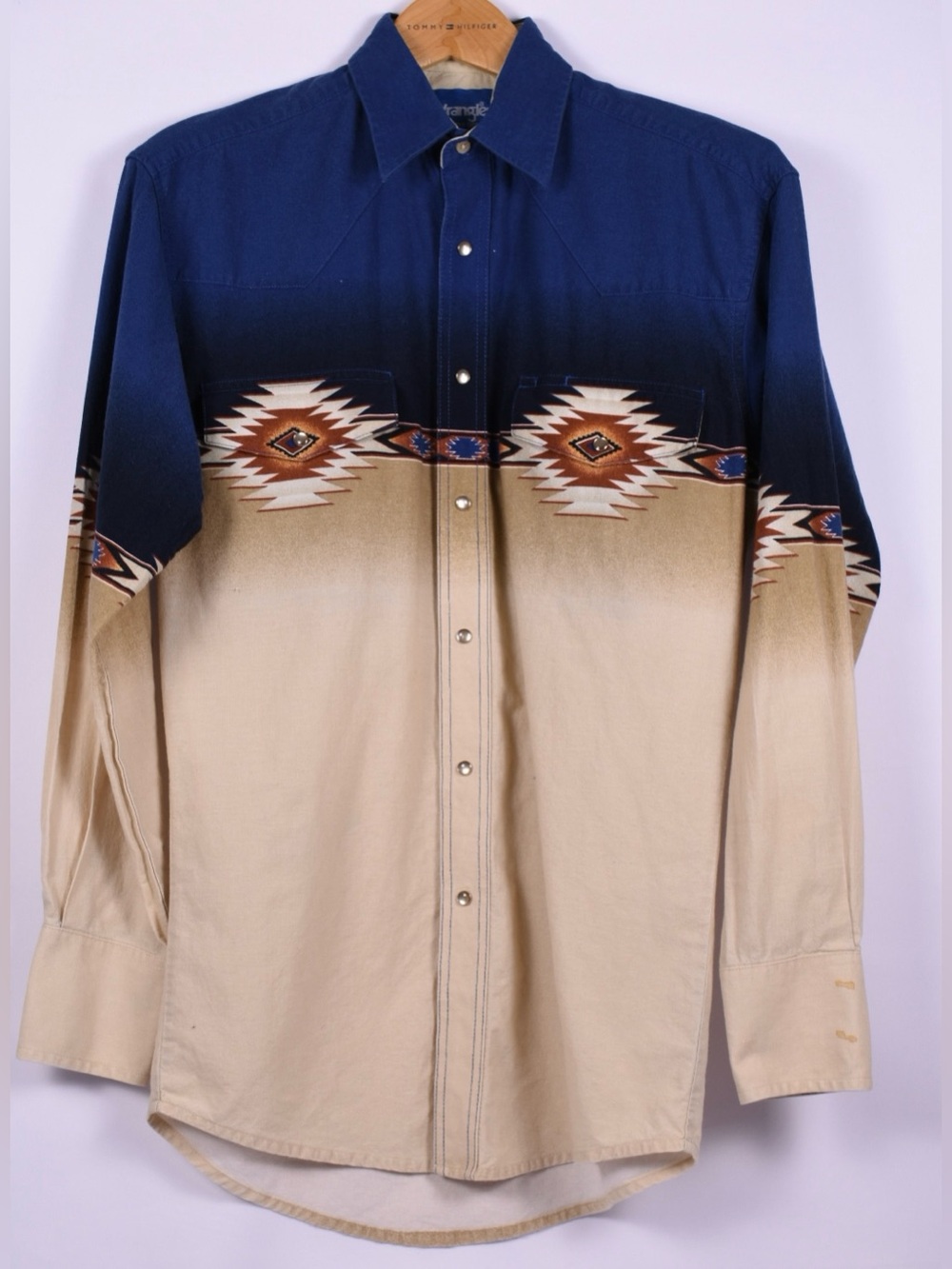 Wrangler Western Aztec Shirt Blue Tan Gradient Long Sleeve Snap Button